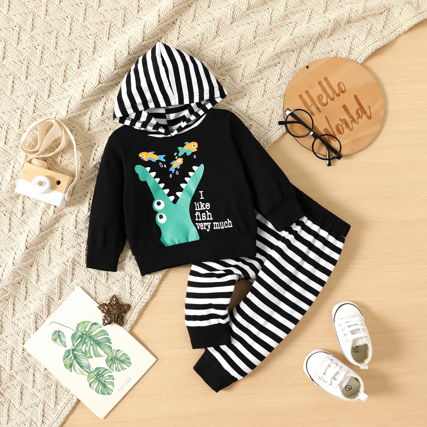 

2pcs Baby Boy 95% Cotton Long-sleeve Animal & Letter Print Black Hoodie and Striped Sweatpants Set