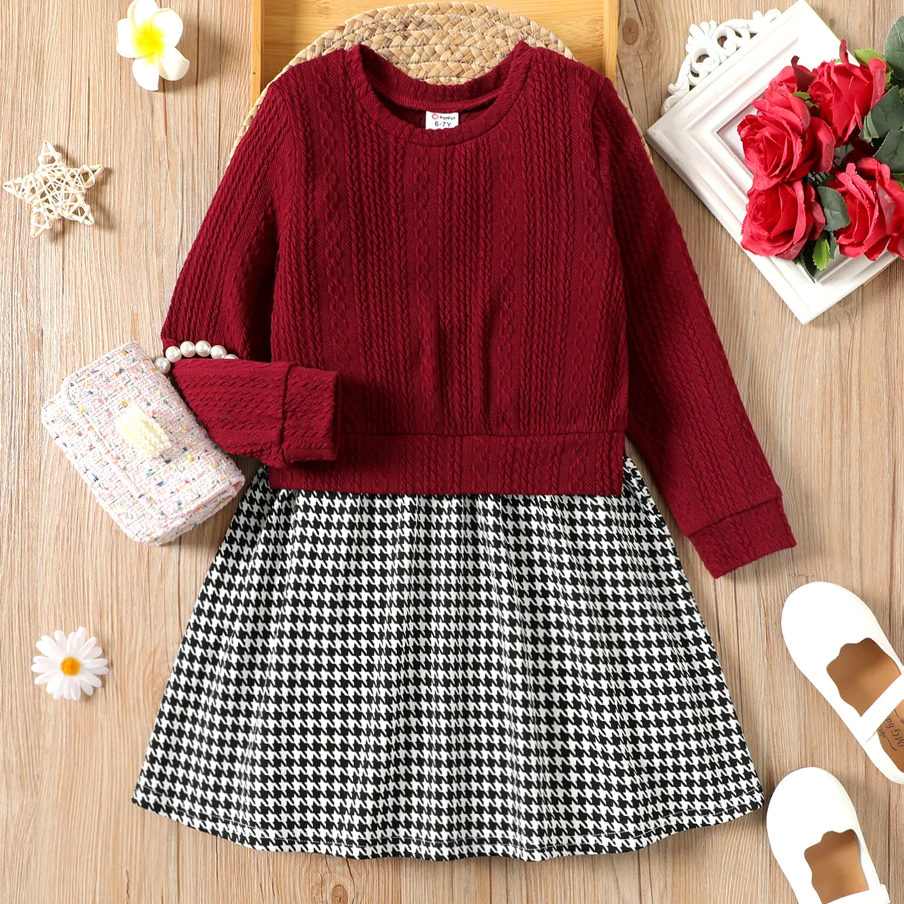 Kid Girl Faux-two Cable Knit Textured Houndstooth Splice Long-sleeve Dress MAROON big image 1