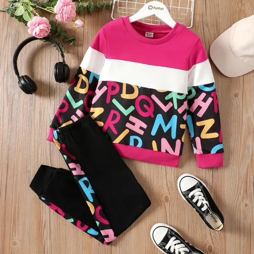 2pcs Kid Girl Letter Print Colorblock Sweatshirt and Elasticized Pants Set