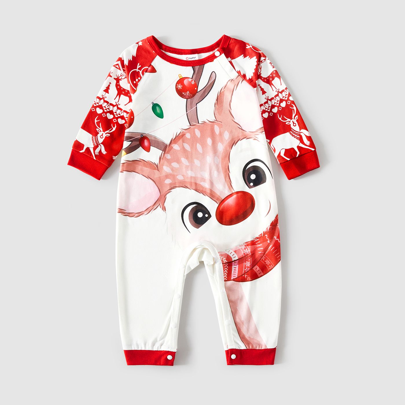 Christmas Deer & Lights Print Red Family Matching Raglan-sleeve Pajamas Sets (Flame Resistant)