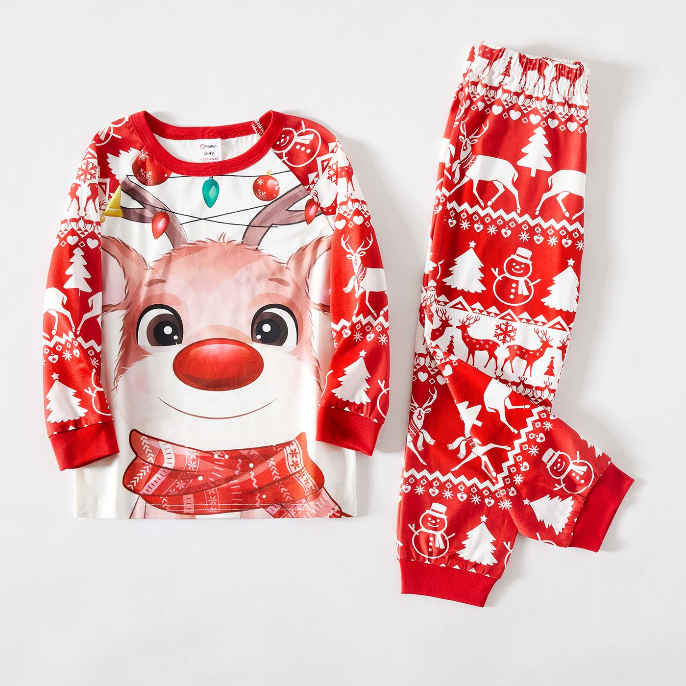 Christmas Deer & Lights Print Red Family Matching Raglan-sleeve Pajamas Sets (Flame Resistant)