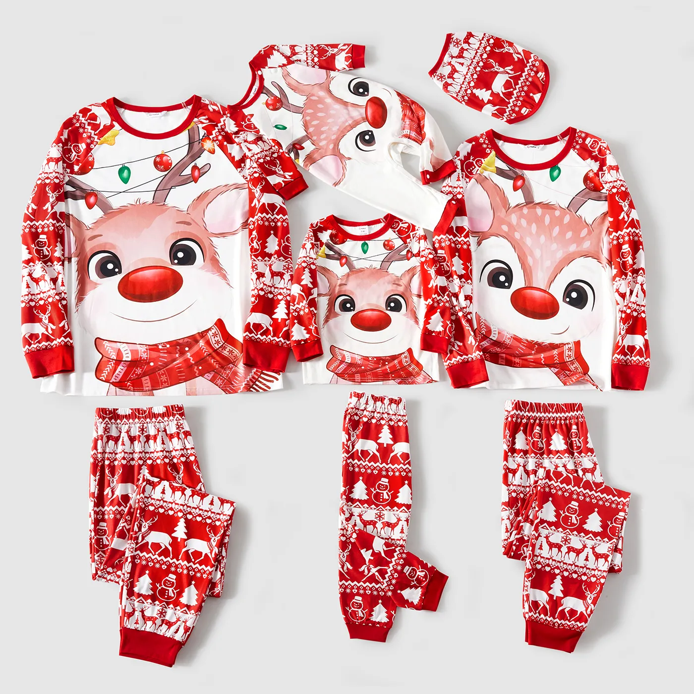 Christmas Deer & Lights Print Red Family Matching Raglan-sleeve Pajamas Sets (Flame Resistant)
