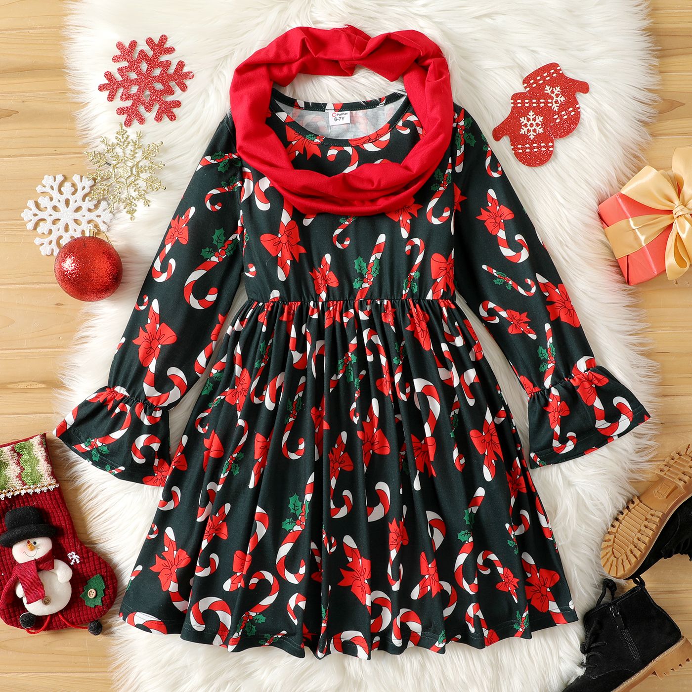 

Kid Girl Christmas Graphic Allover Print Long-sleeve Dress with Scarf