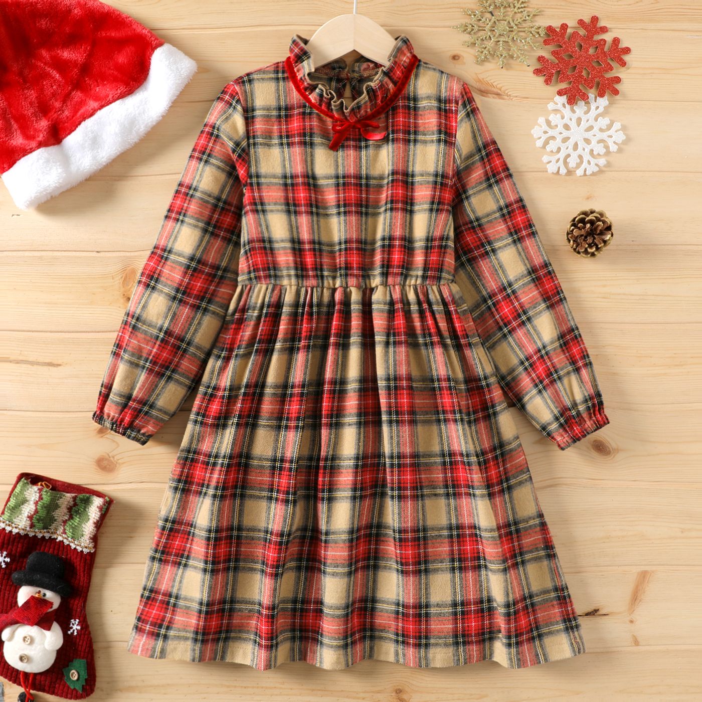 

Kid Girl Christmas Sweet Ruffle Collar Plaid Long-sleeve Dress