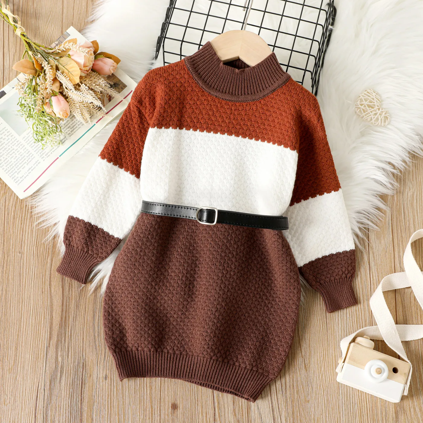 Toddler Girl Colorblock Mock Neck Textured Long-sleeve Knit Dress (Belt is not included)