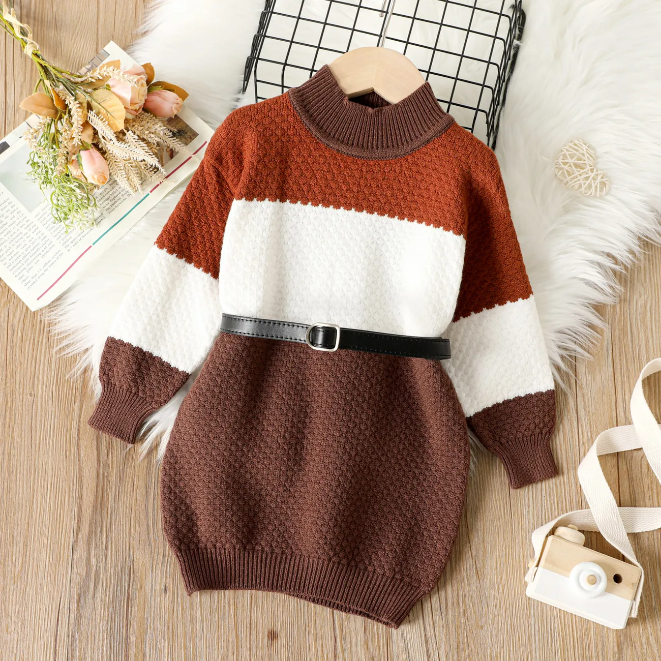 Toddler Girl Colorblock Mock Neck Textured Long-sleeve Knit Dress (Belt is not included) Brown big image 1