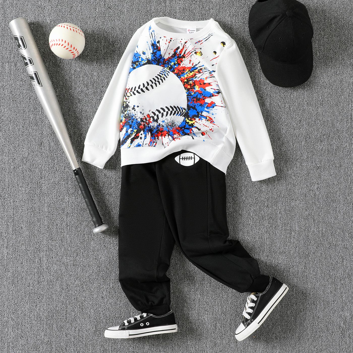 

2pcs Kid Boy Ball Painting Print Pullover Sweatshirt and Black Pants Set