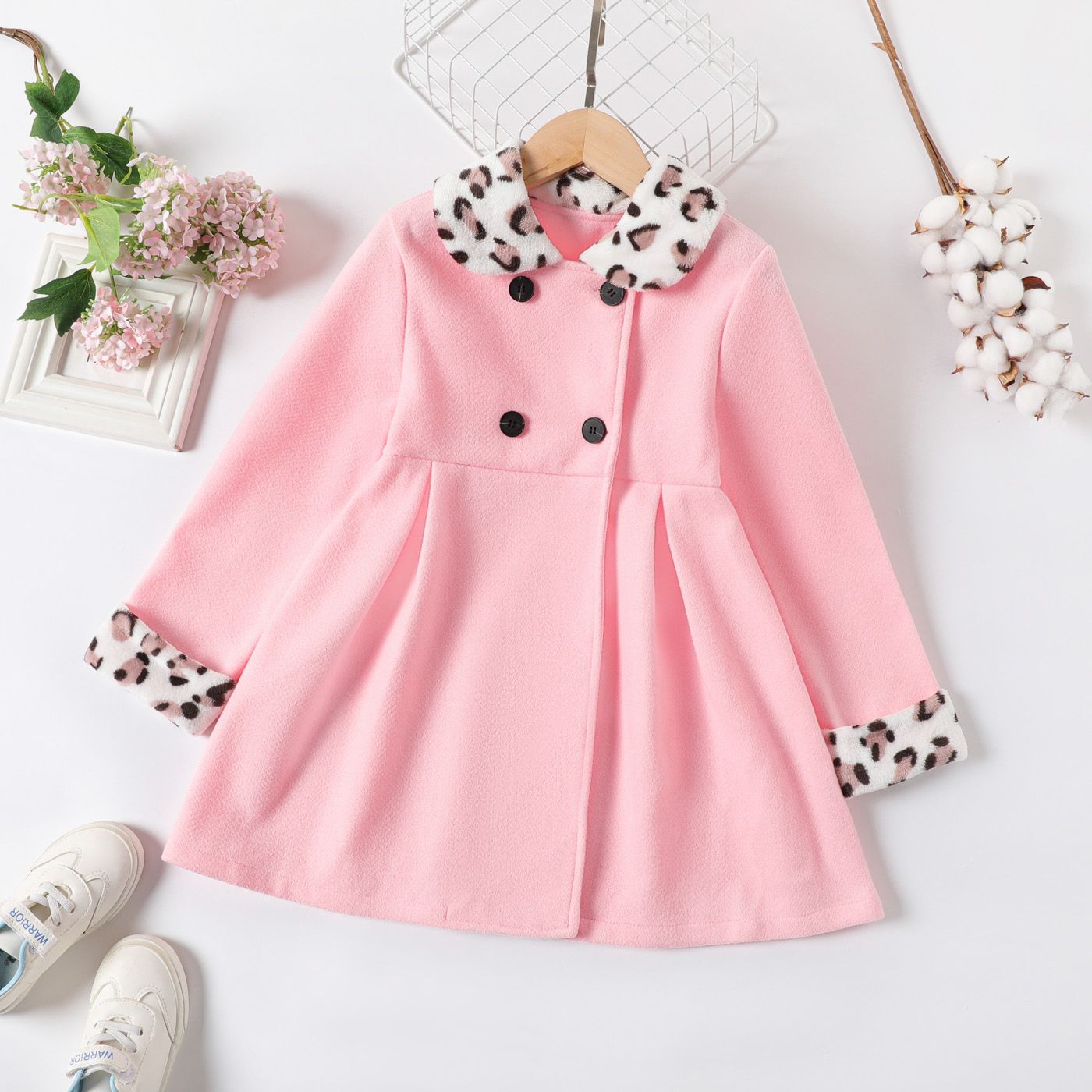 

Kid Girl Leopard Print Splice Double Breasted Coat