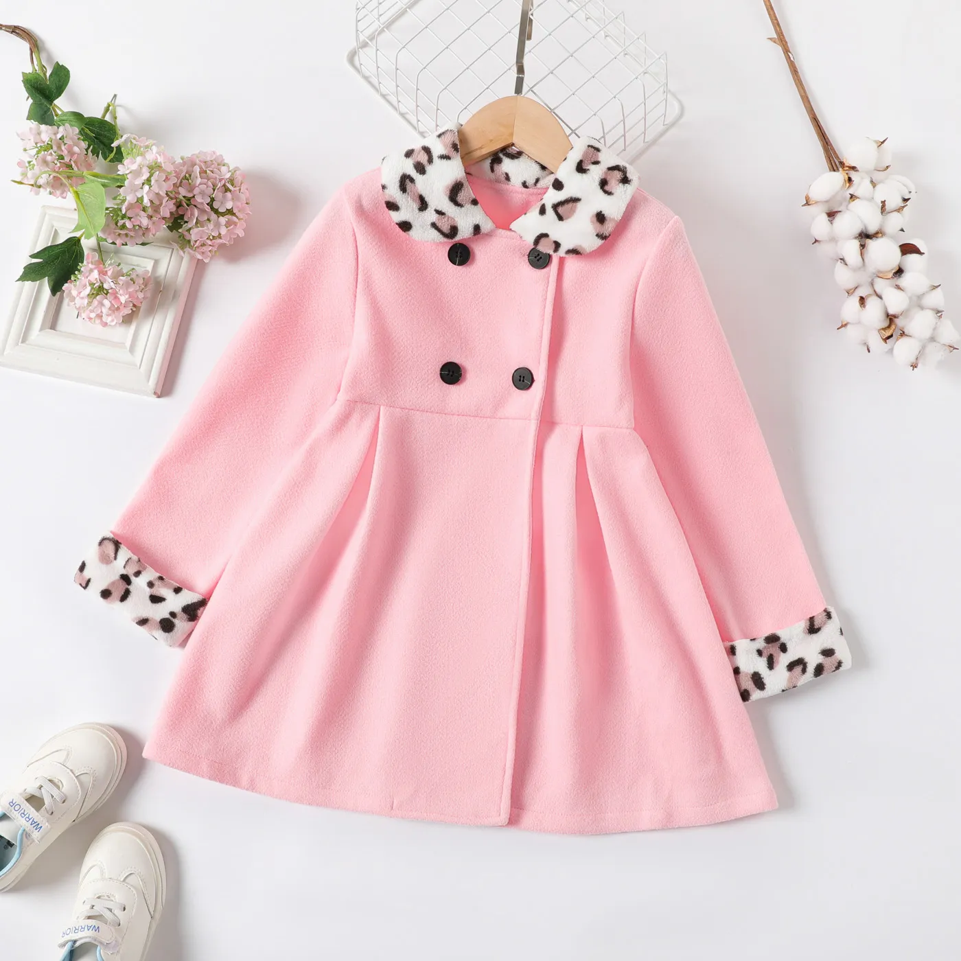 Kid Girl Leopard Print Splice Double Breasted Coat  big image 1