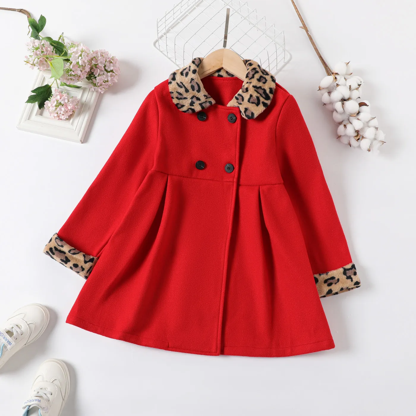 Kid Girl Leopard Print Splice Double Breasted Coat Red