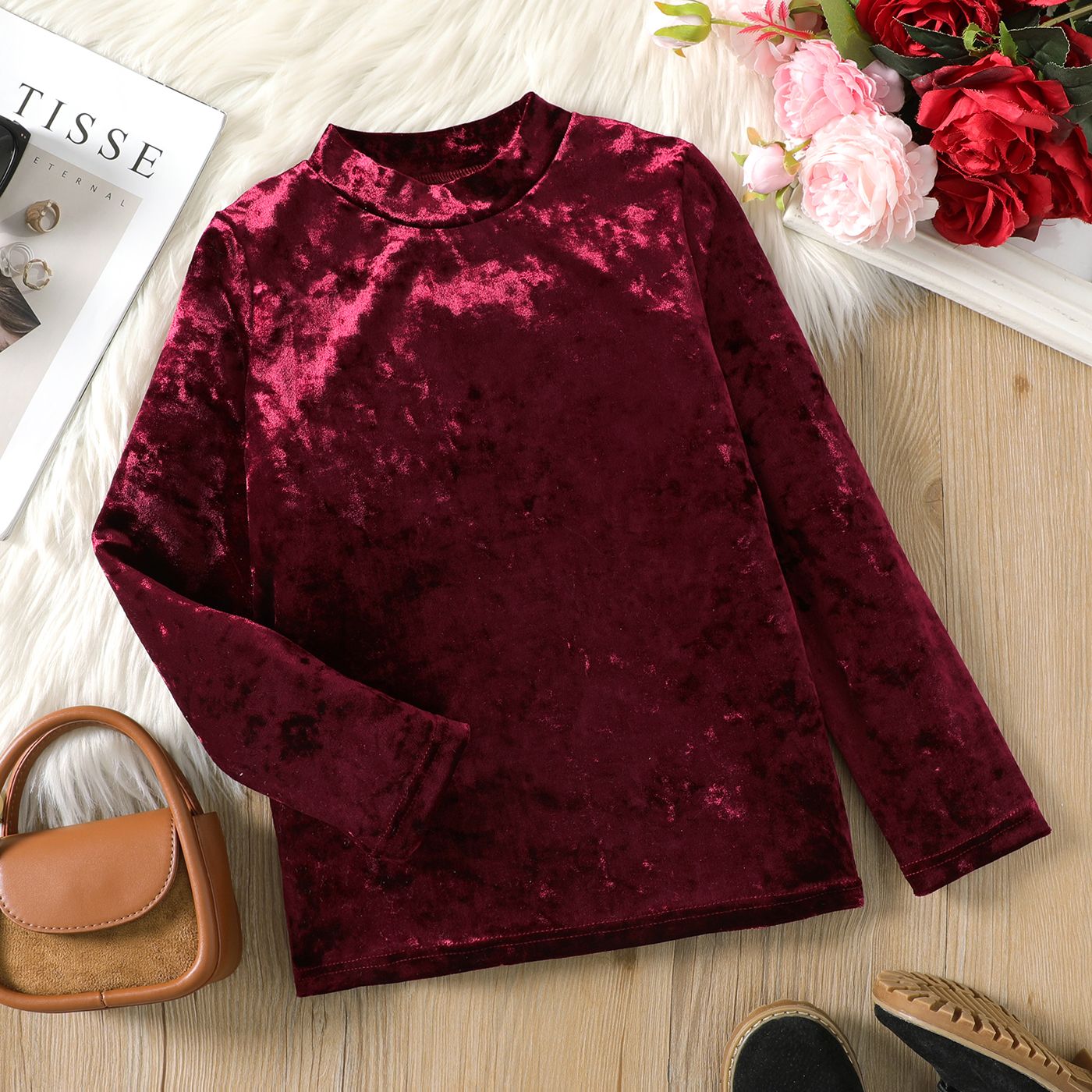 

Kid Girl Solid Color Mock Neck Velvet Long-sleeve Tee