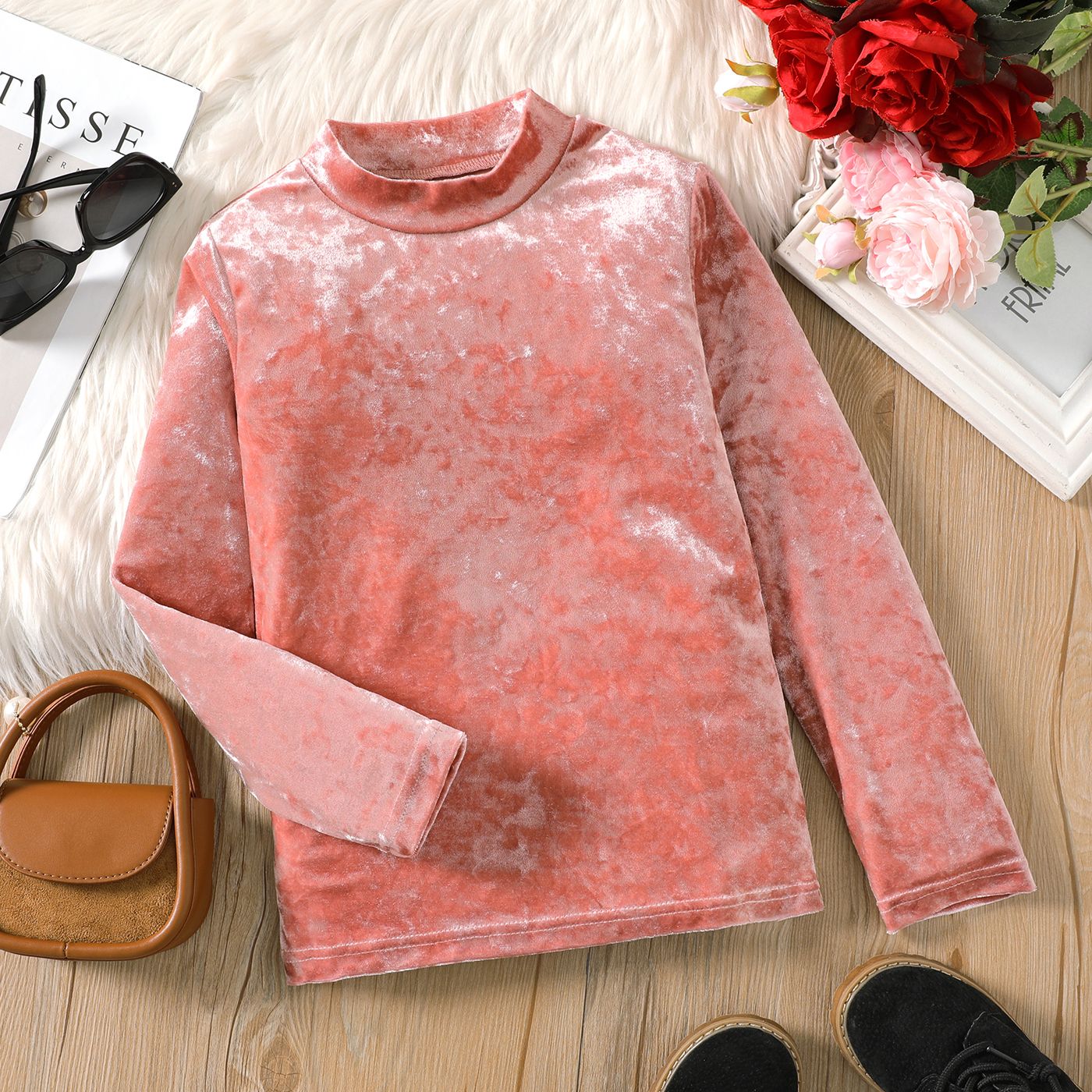 

Kid Girl Solid Color Mock Neck Velvet Long-sleeve Tee