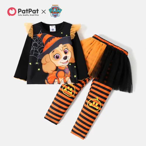 Paw Patrol 2pcs Toddler Girl Halloween Graphic Long-sleeve Tee and Stripe Mesh Skirt Leggings Set