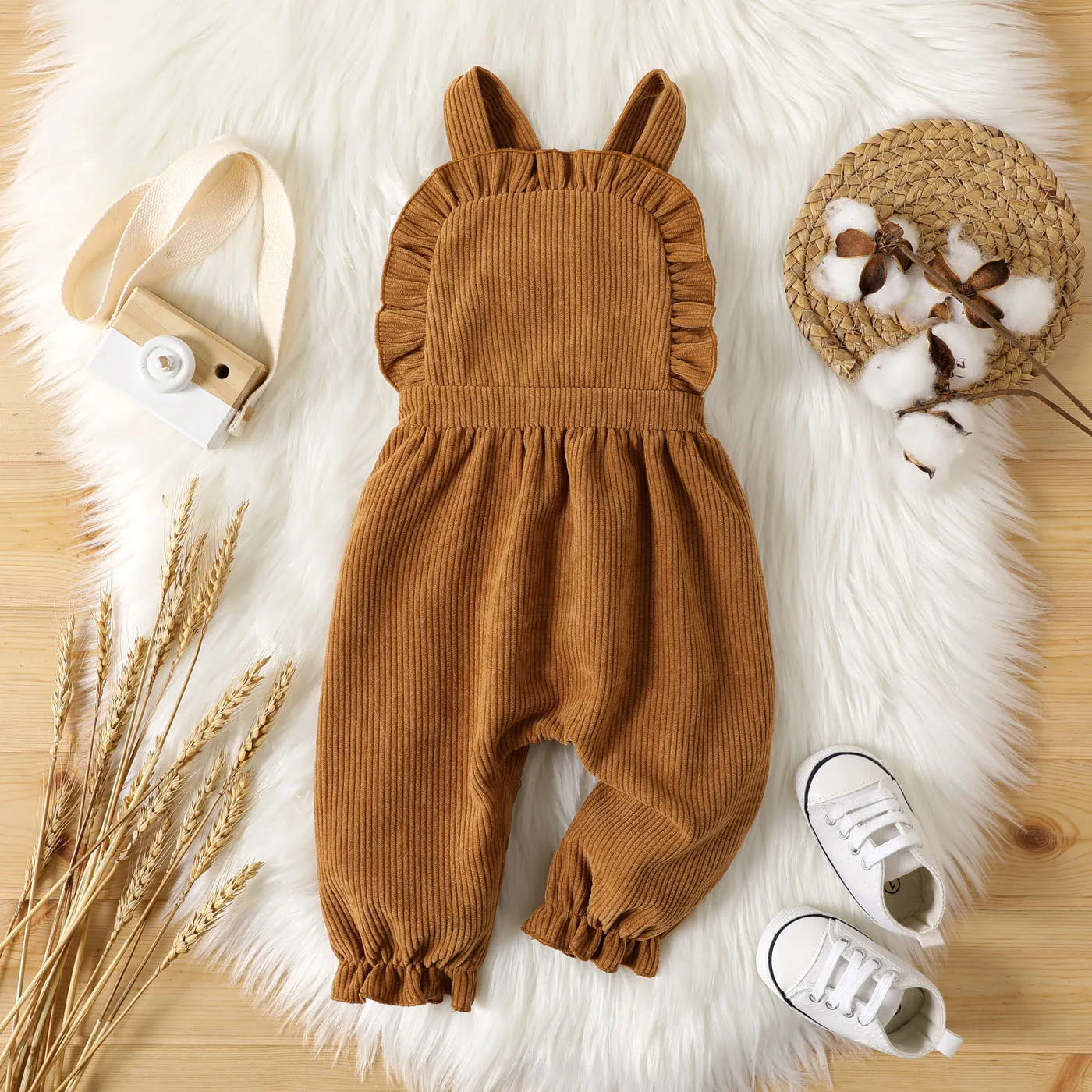 

Baby Girl Solid Corduroy Ruffle Trim Overalls