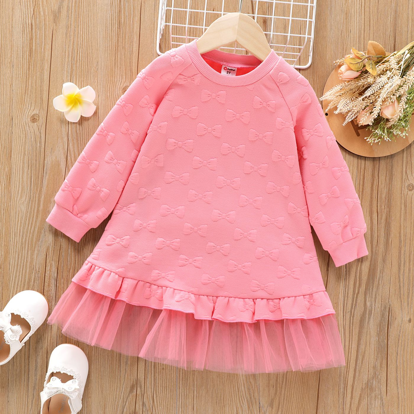 

Toddler Girl Bowknot Textured Mesh Splice Pink Sweatshirt Dress