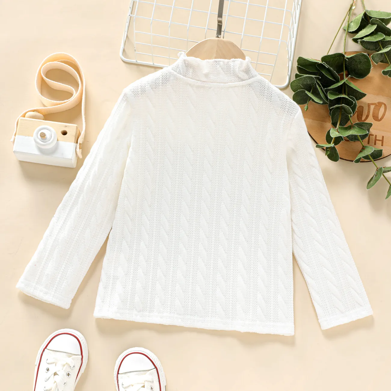 Toddler Girl Mock Neck Solid Color Textured Long-sleeve Tee White big image 1