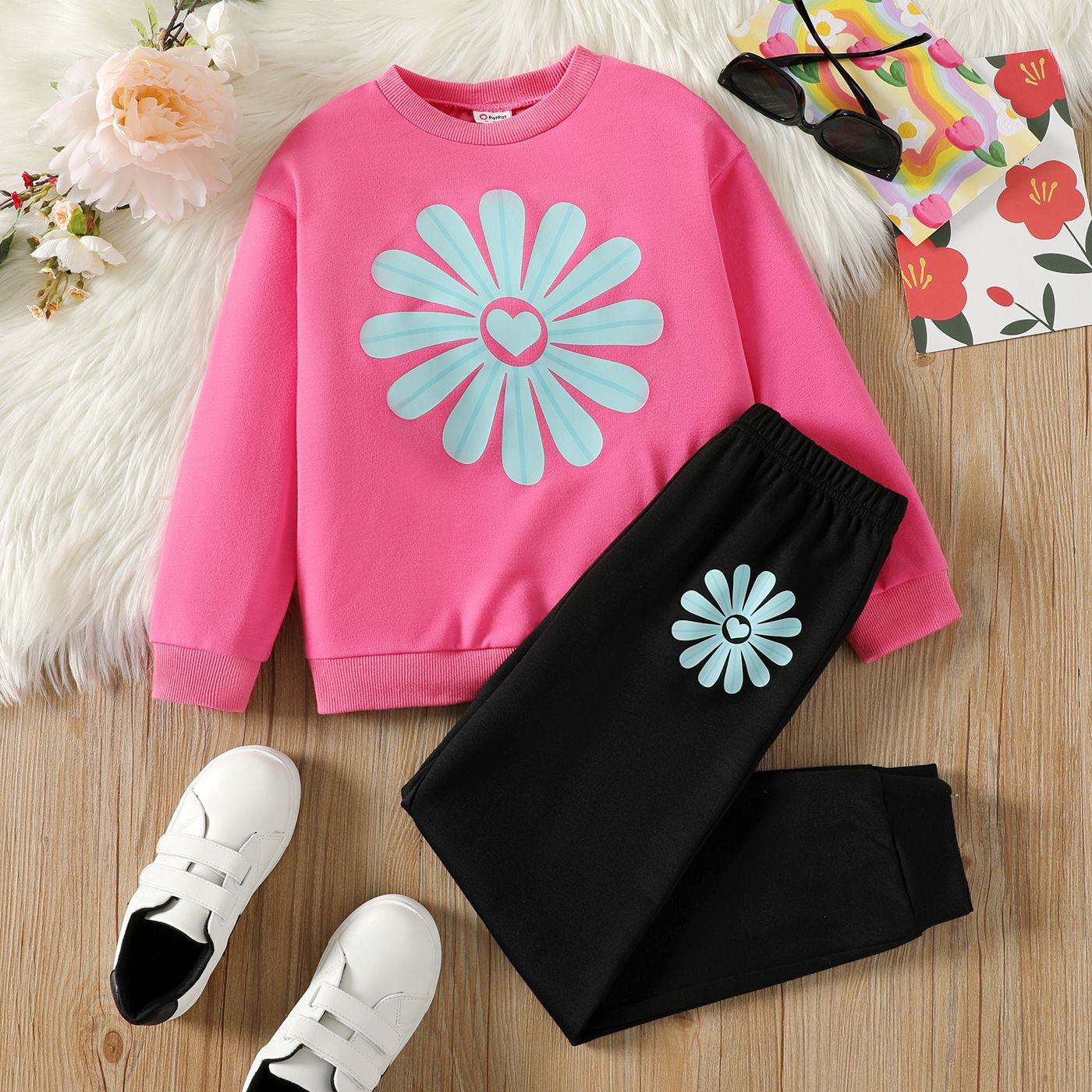 

2pcs Kid Girl Floral Print Pink Sweatshirt and Black Elasticized Pants Set