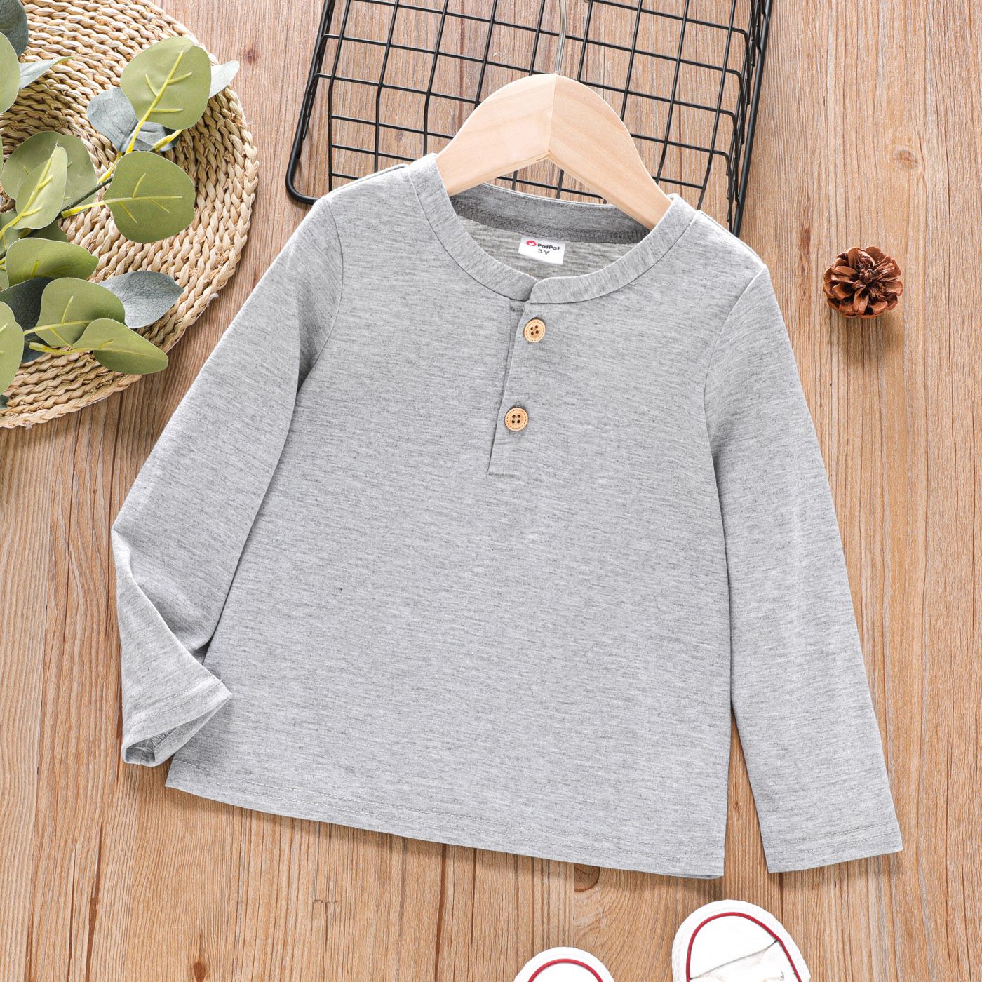 

Toddler Boy Solid Color Button Design Long-sleeve Tee