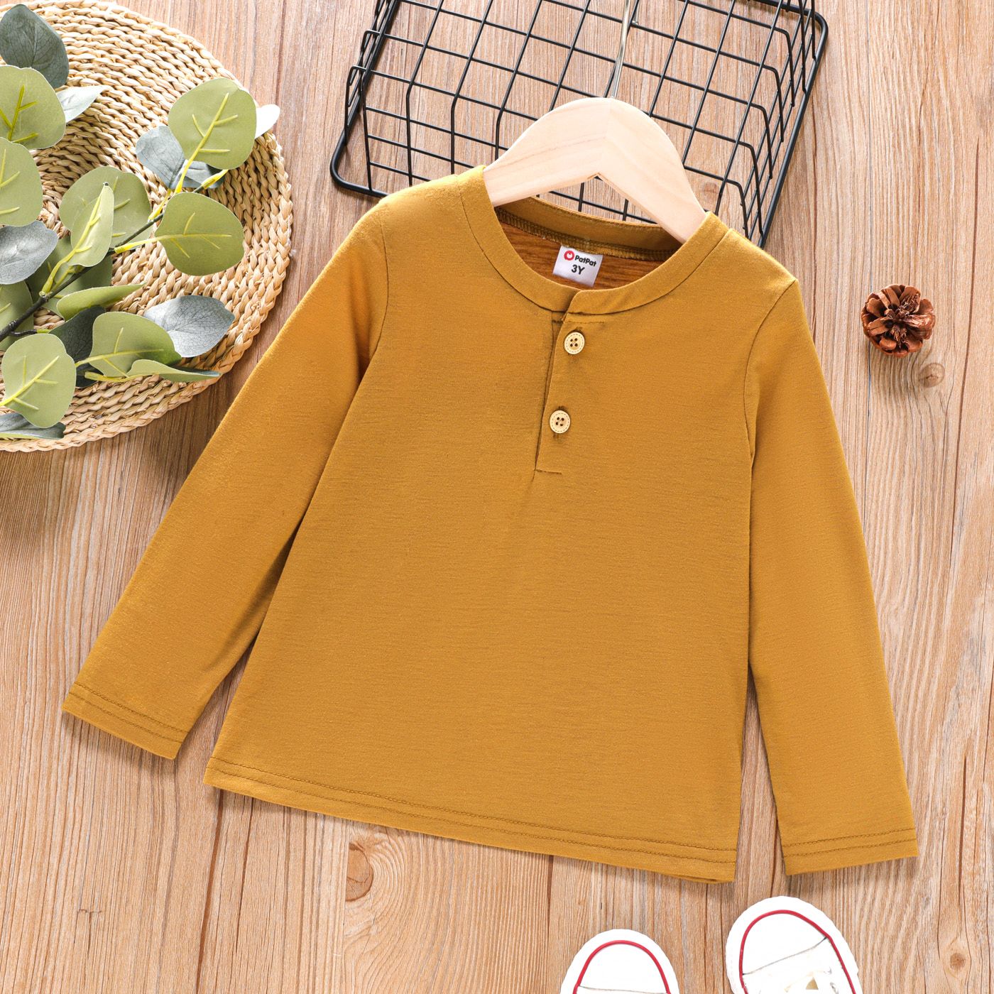 

Toddler Boy Solid Color Button Design Long-sleeve Tee
