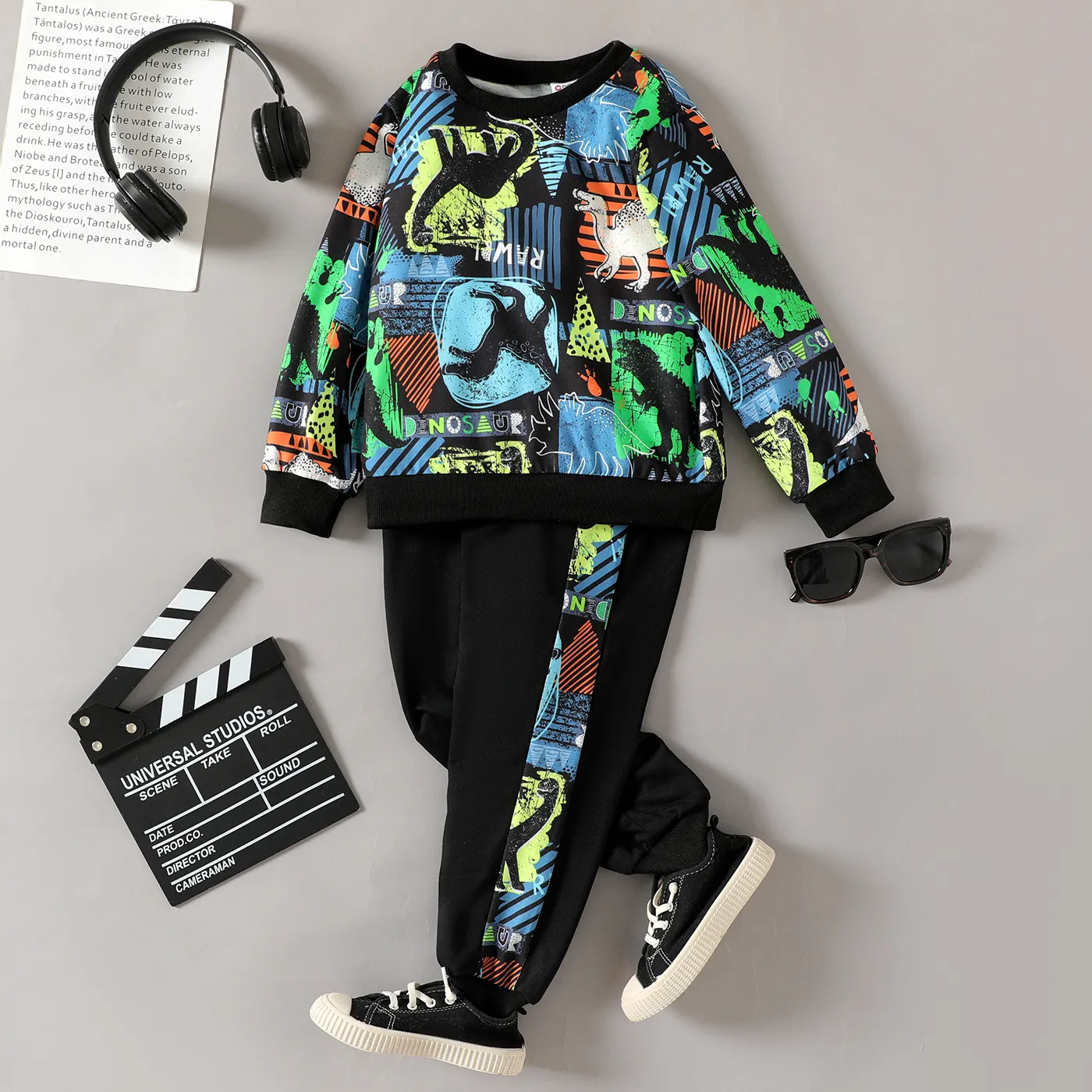 2 unidades Criança Conjuntos Menino Estampado animal Costuras de tecido Preto big image 1