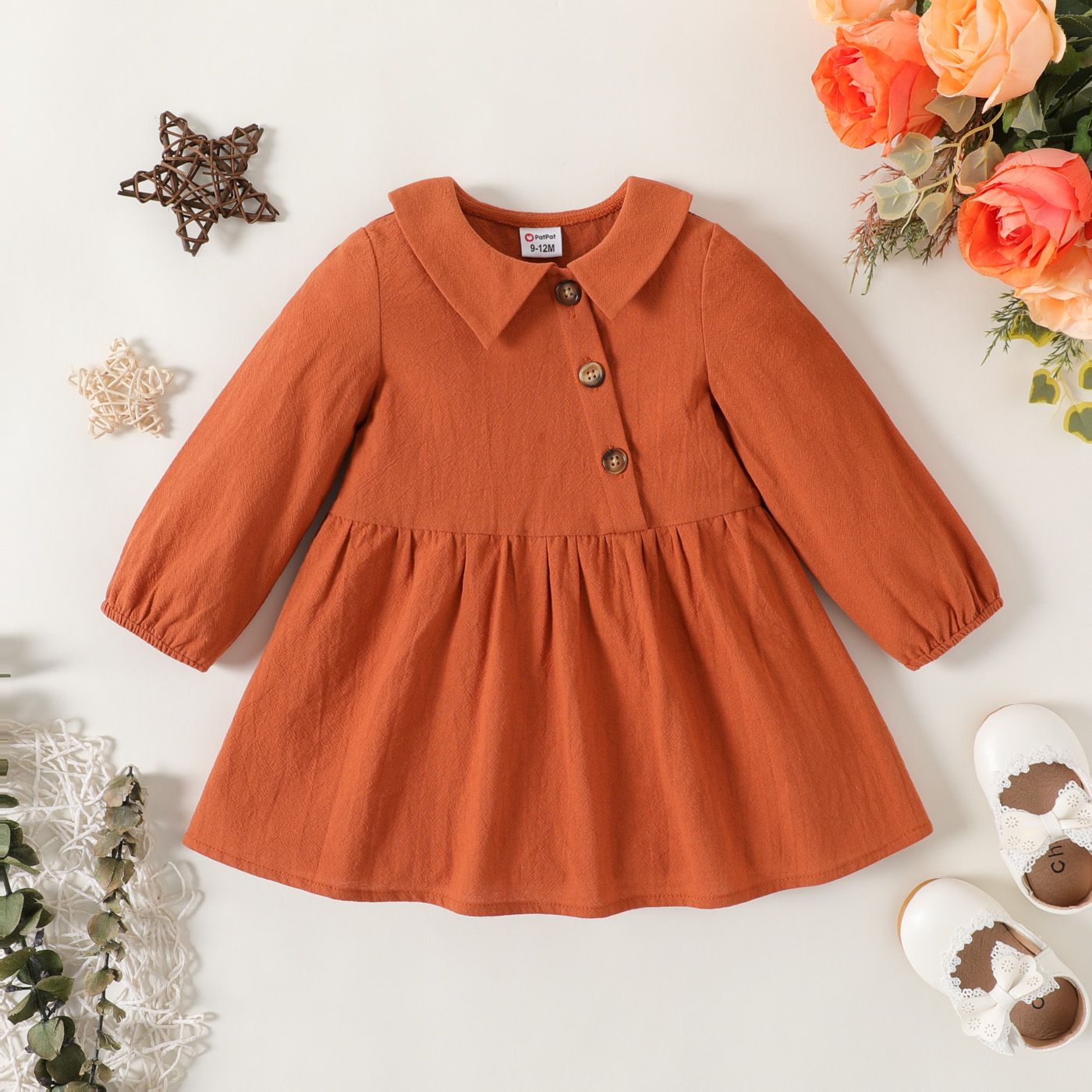 

100% Cotton Baby Girl Solid Peter Pan Collar Long-sleeve Button Front Dress