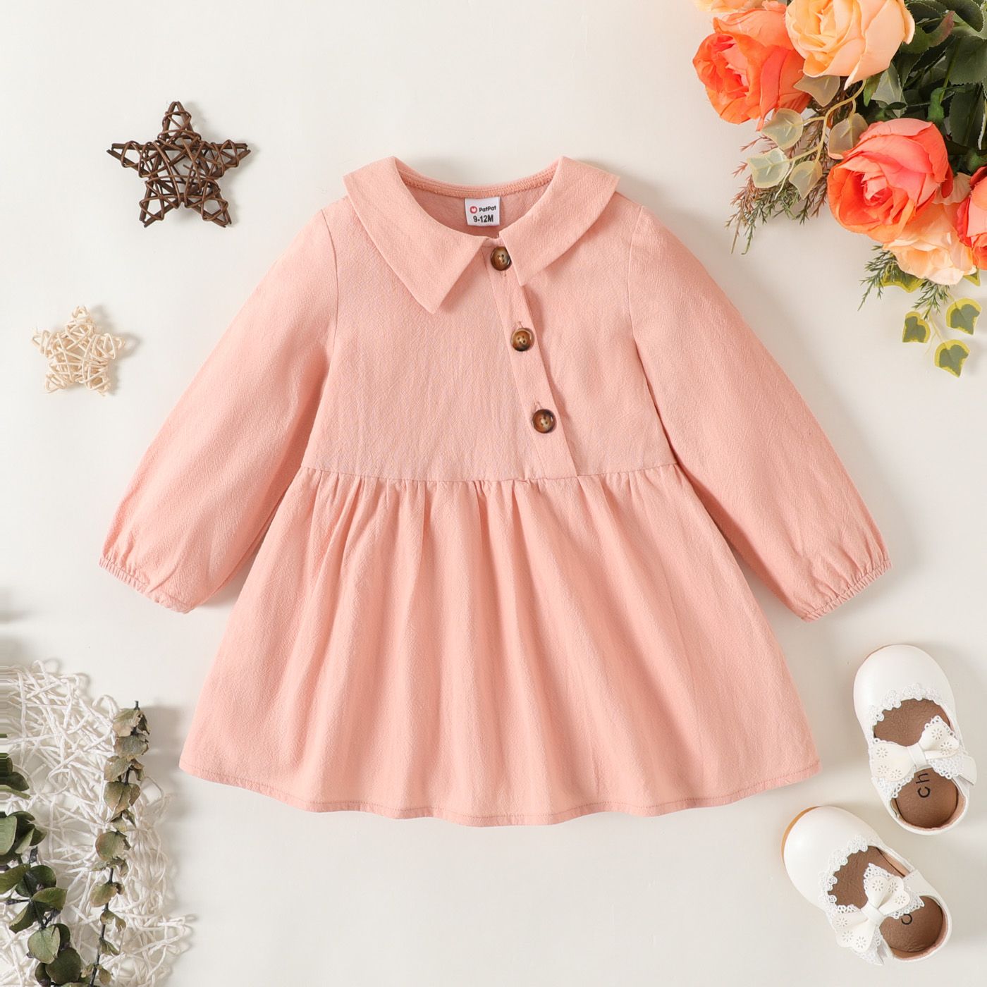 

100% Cotton Baby Girl Solid Peter Pan Collar Long-sleeve Button Front Dress