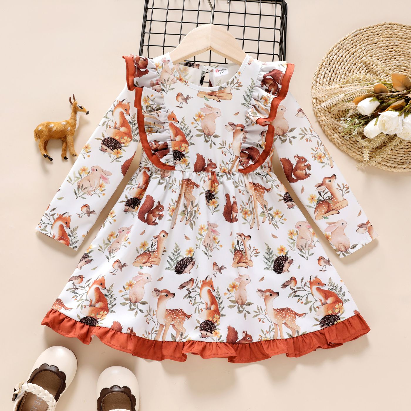 

Toddler Girl Floral Animal Print Ruffled Long-sleeve Dress