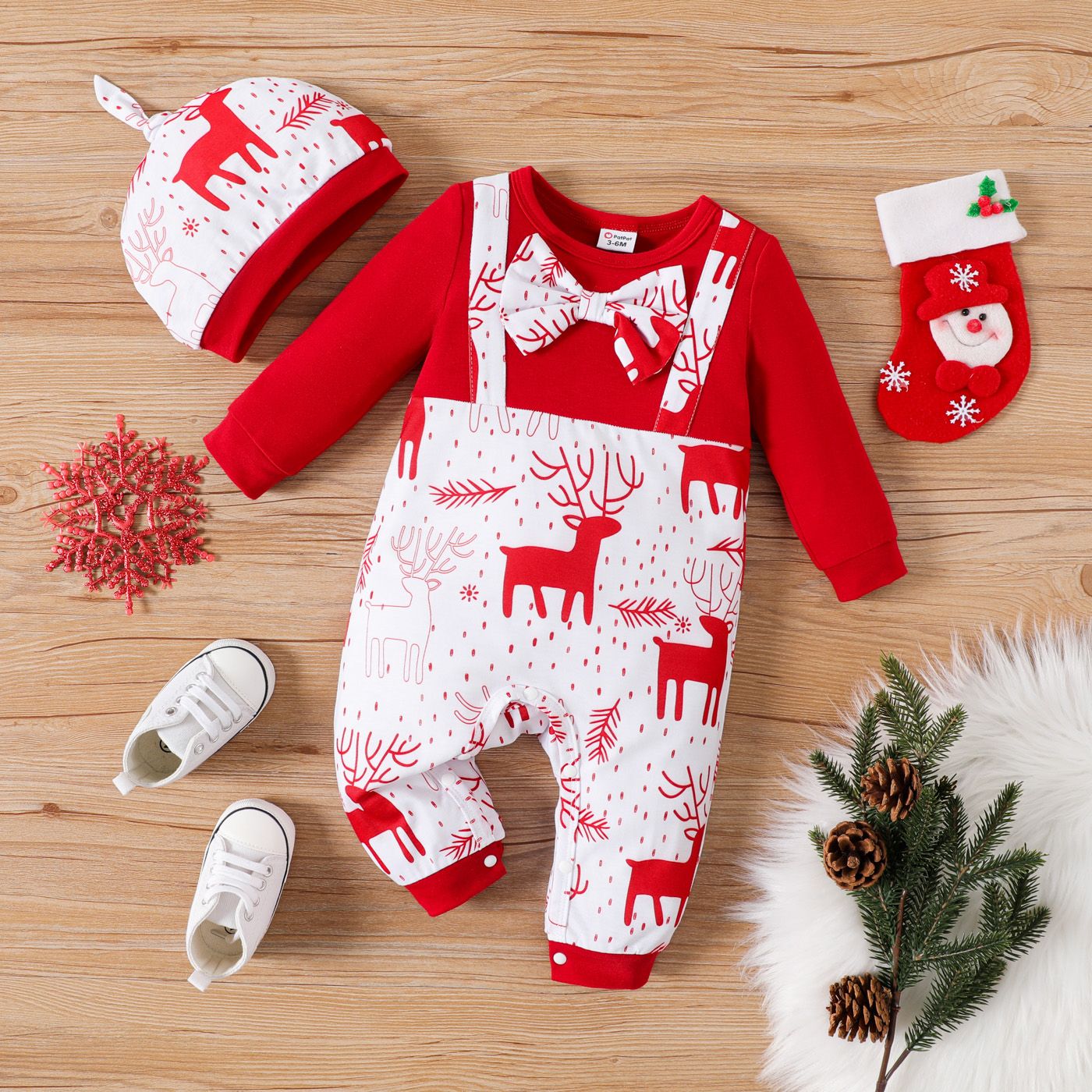 

Christmas 2pcs Baby Boy Bow Front Allover Deer Print Spliced Long-sleeve Jumpsuit with Hat Set