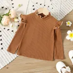 Toddler Girl Solid Color Ruffled Mock Neck Ribbed Long-sleeve Tee Brown