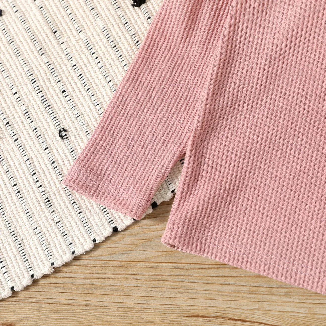 Toddler Girl Solid Color Ruffled Mock Neck Ribbed Long-sleeve Tee Pink big image 1