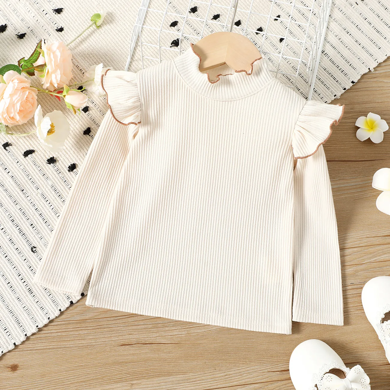 Toddler Girl Solid Color Ruffled Mock Neck Ribbed Long-sleeve Tee Apricot big image 1
