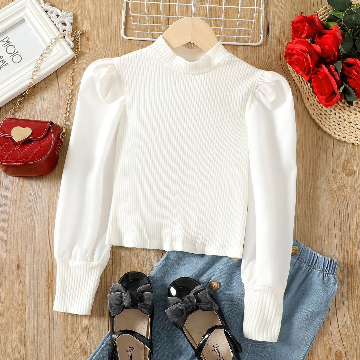 

Kid Girl Mock Neck Ribbed Puff-sleeve Cotton White Tee