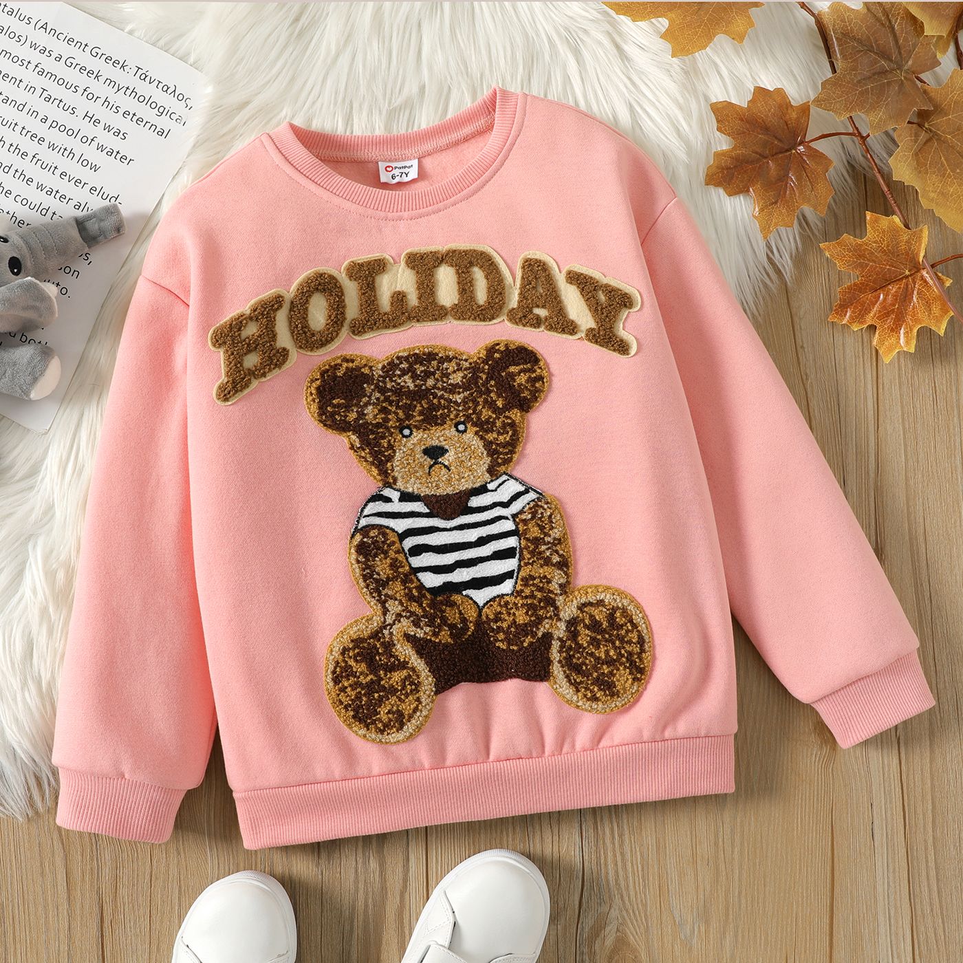 

Kid Girl Letter Bear Terry Embroidered Fleece Lined Pink Pullover Sweatshirt