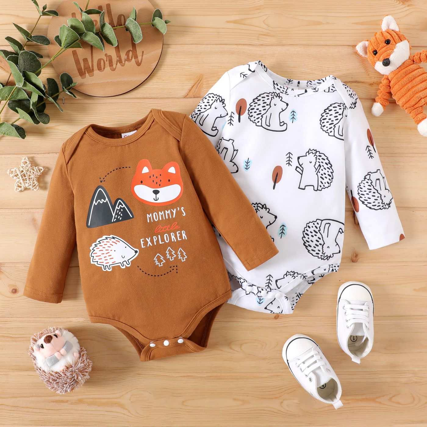 

2-Pack Baby Boy 95% Cotton Long-sleeve Animal Print Rompers Set