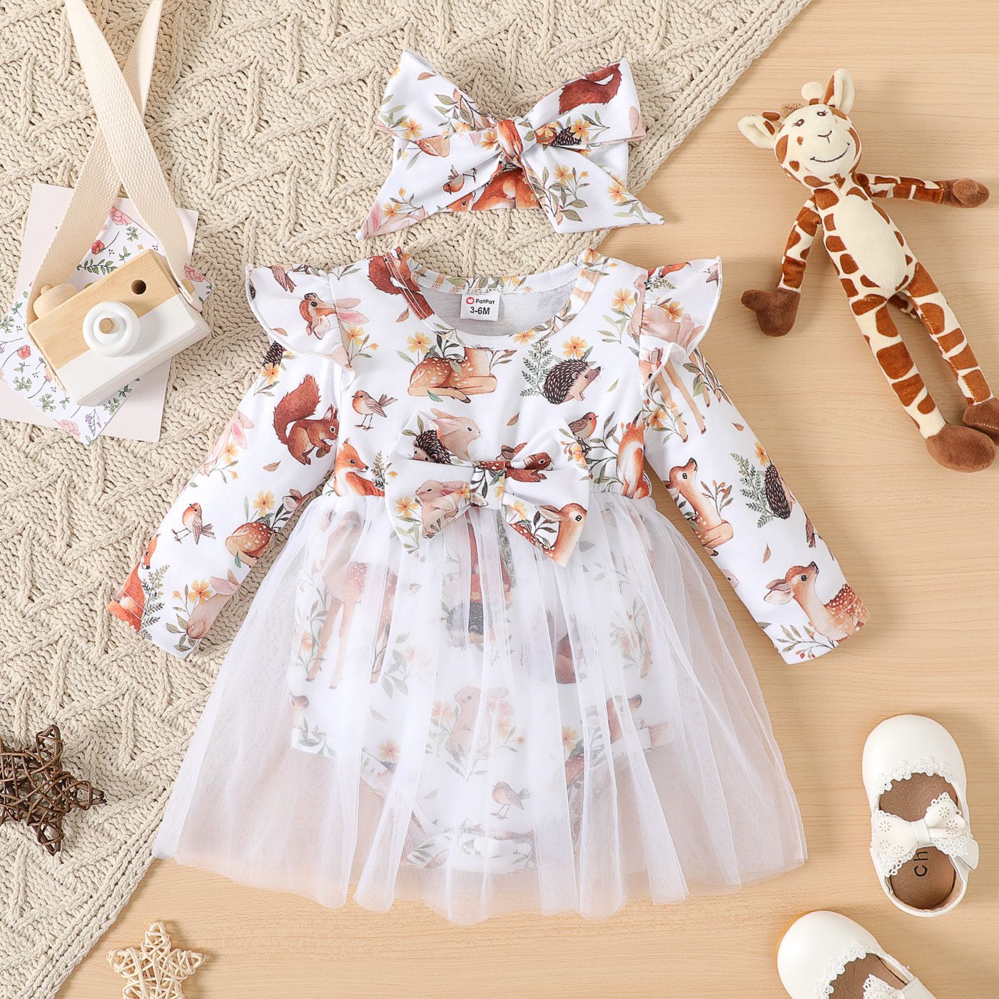

2pcs Baby Girl Allover Animal Print Ruffle Long-sleeve Bow Front Spliced Mesh Romper with Headband Set