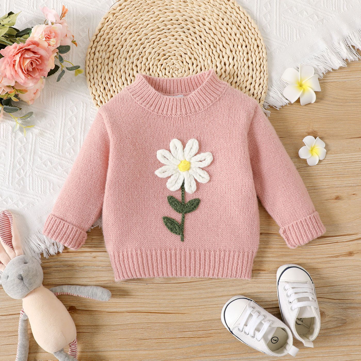 

Baby Girl Flower Design Long-sleeve Knitted Pullover Sweater