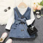 2pcs Toddler Girl Long-sleeve Ribbed White Tee and Button Design Belted Denim Dress Set Blue