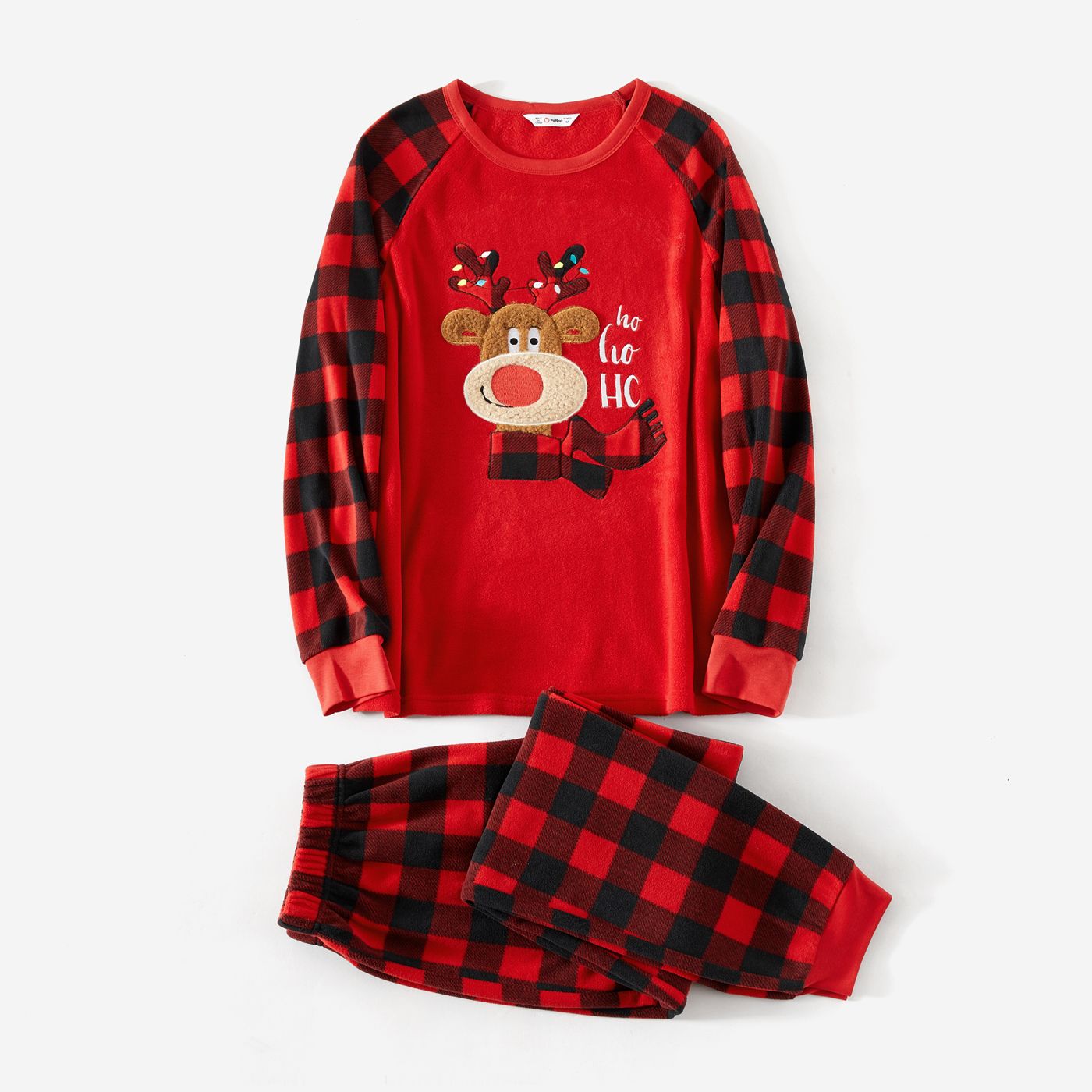 Christmas Family Matching Reindeer Embroidered Red Plaid Raglan-sleeve Thickened Polar Fleece Pajamas Sets (Flame Resistant)