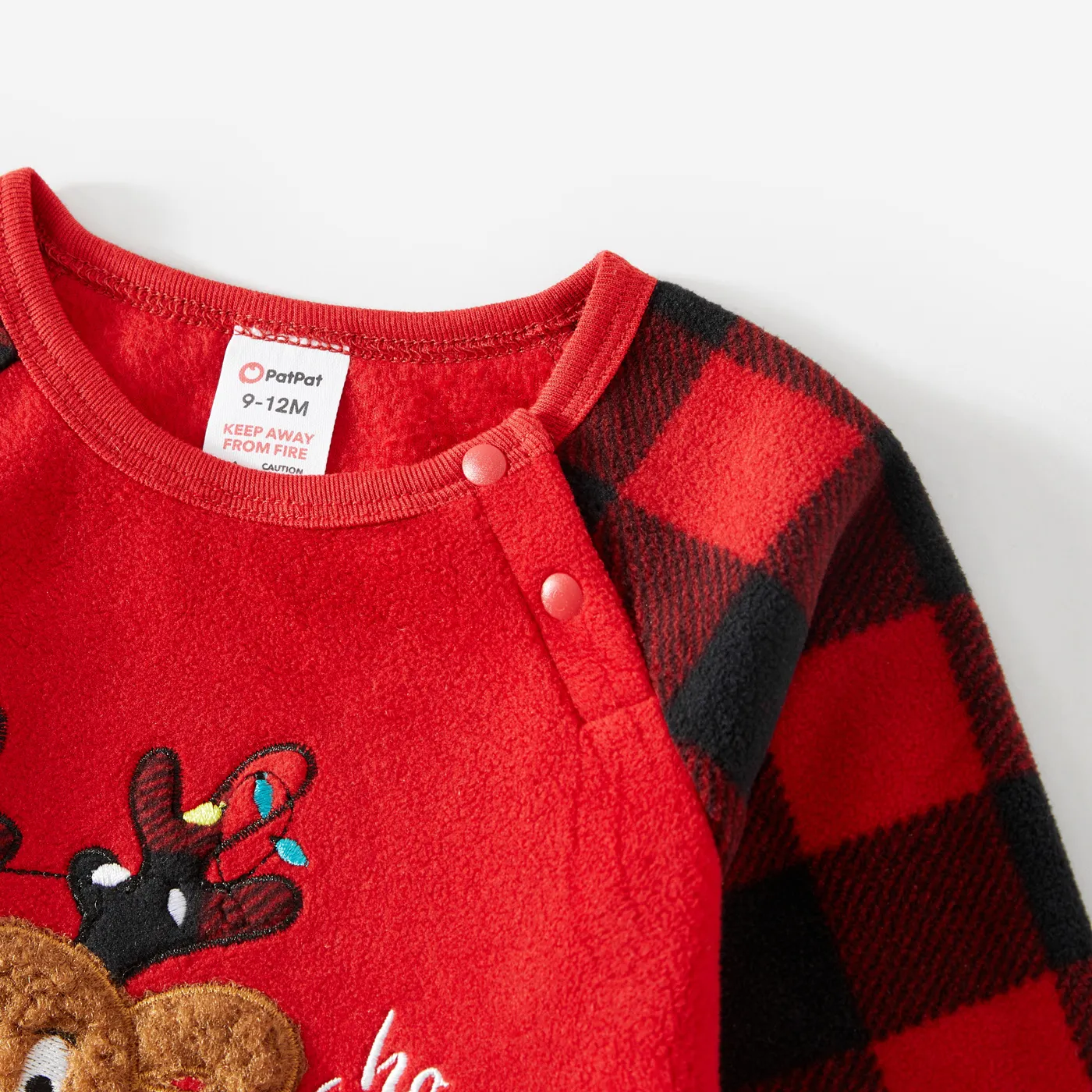 Christmas Family Matching Reindeer Embroidered Red Plaid Raglan-sleeve Thickened Polar Fleece Pajamas Sets (Flame Resistant)  image 5