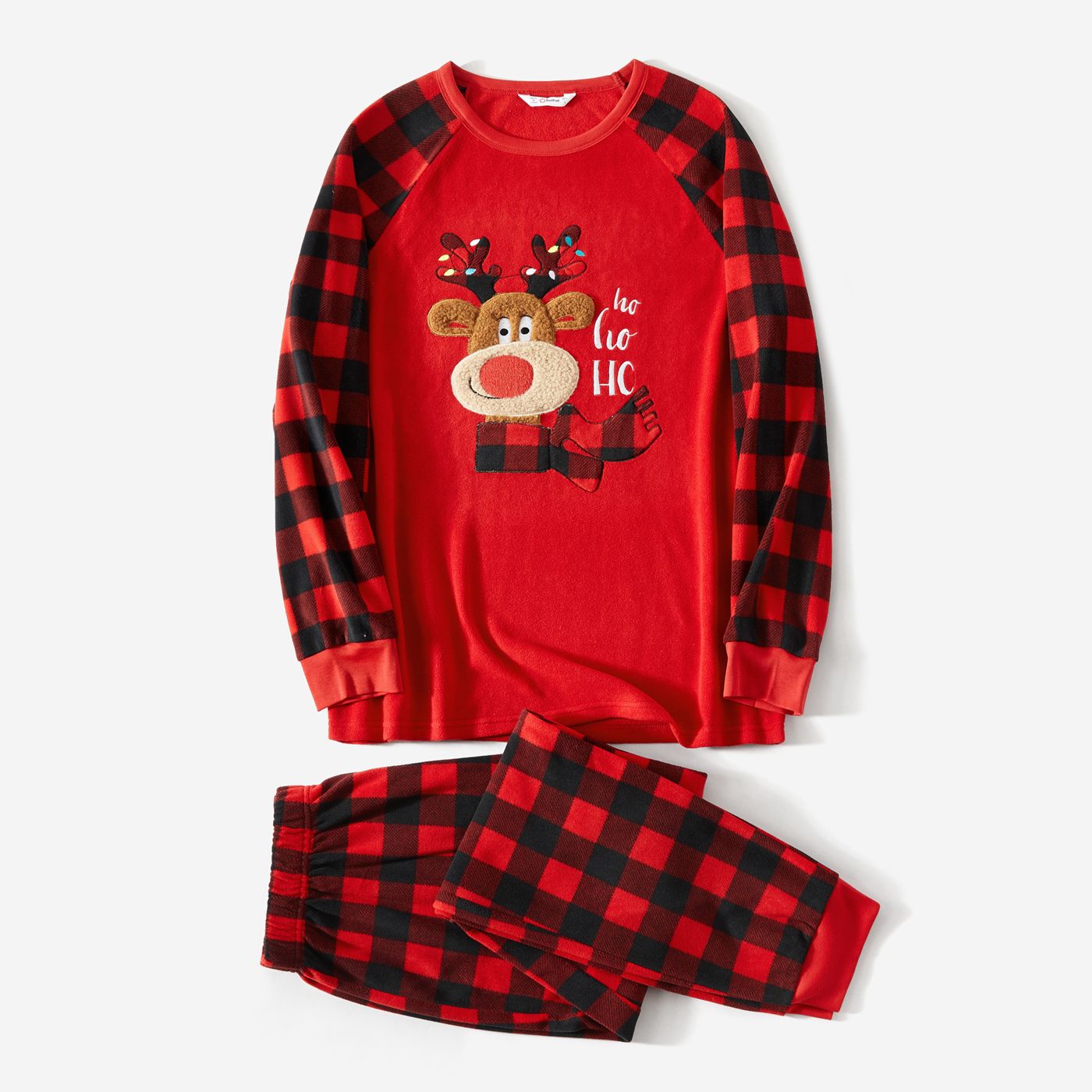 Christmas Family Matching Reindeer Embroidered Red Plaid Raglan-sleeve Thickened Polar Fleece Pajama