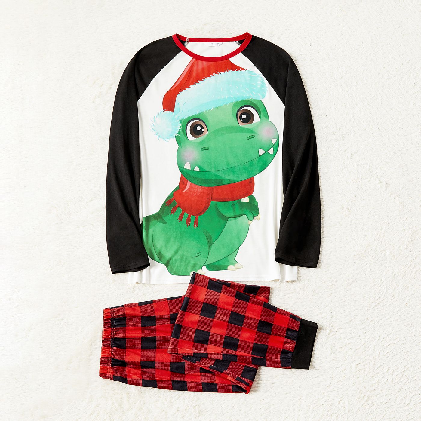 

Christmas Family Matching Dinosaur Print Raglan-sleeve Red Plaid Pajamas Sets (Flame Resistant)