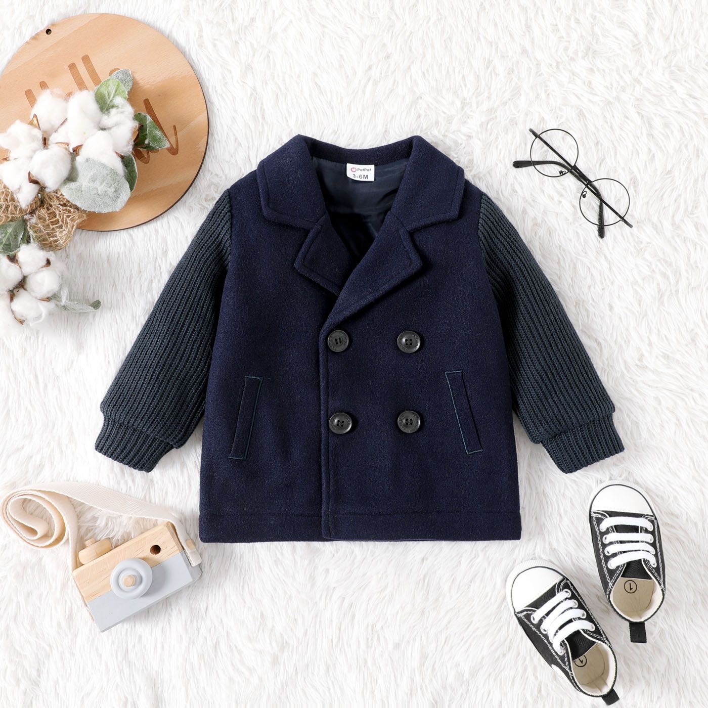 

Baby Girl Knitted Long-sleeve Spliced Lapel Neck Double Breasted Coat