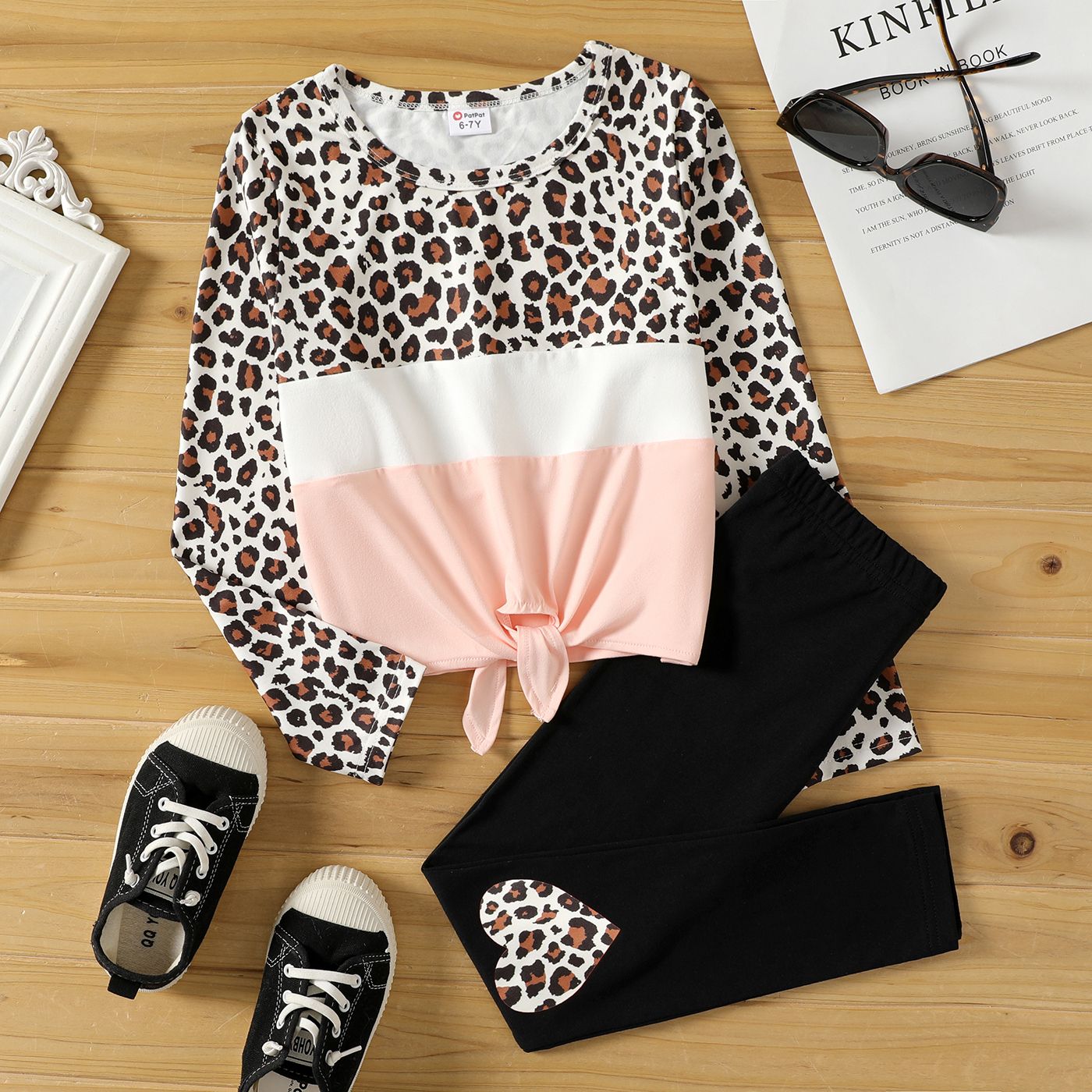 

2pcs Kid Girl Leopard Print Colorblock Tie Knot Long-sleeve Te and Black Leggings Set