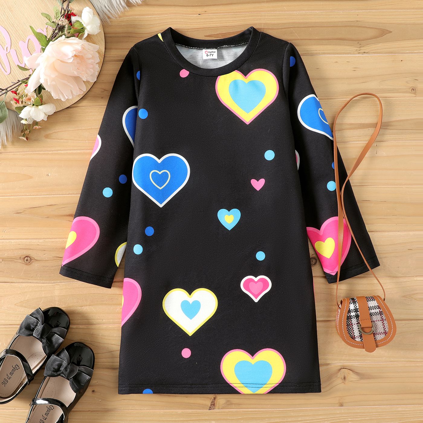 Kid Girl Heart Print Long-sleeve Black Dress