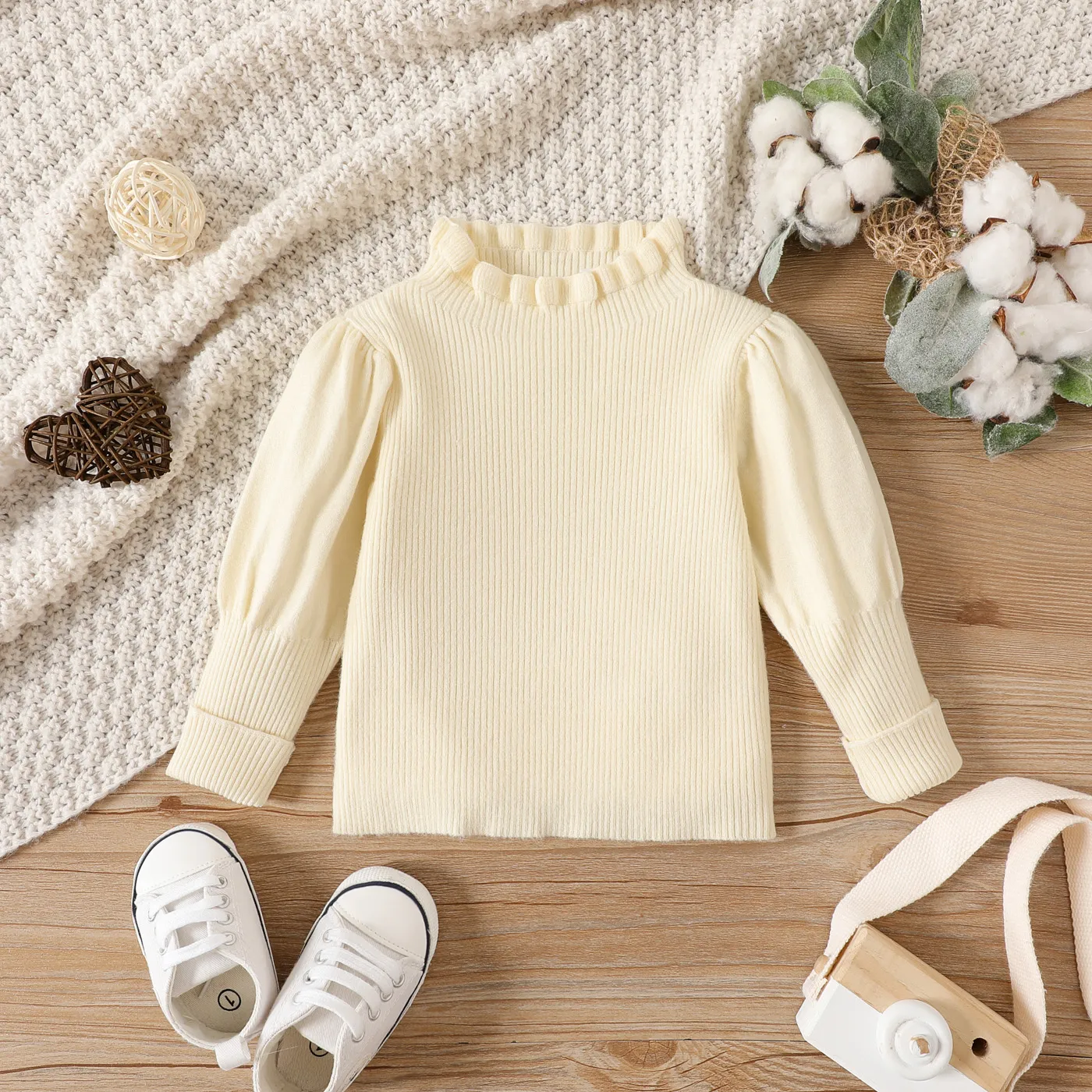 Baby Girl Solid Knitted Frill Mock Neck Puff-sleeve Sweater Only د