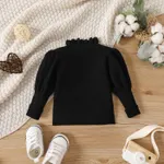 Baby Girl Solid Knitted Frill Mock Neck Puff-sleeve Sweater Black