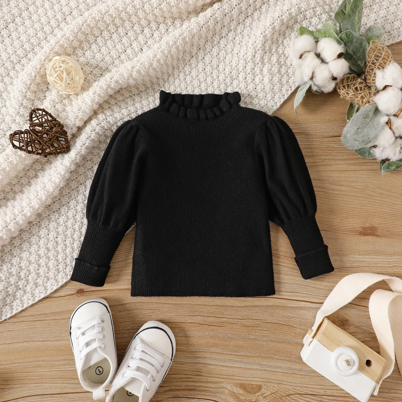 Baby Girl Solid Knitted Frill Mock Neck Puff-sleeve Sweater Black big image 1