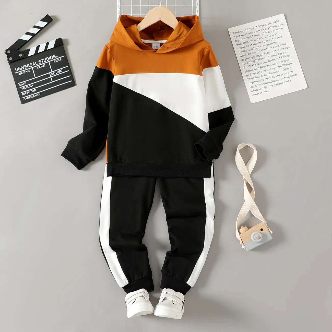 2pcs Kid Boy Colorblock Hoodie Sweatshirt and Elasticized Pants Set Coffee big image 1