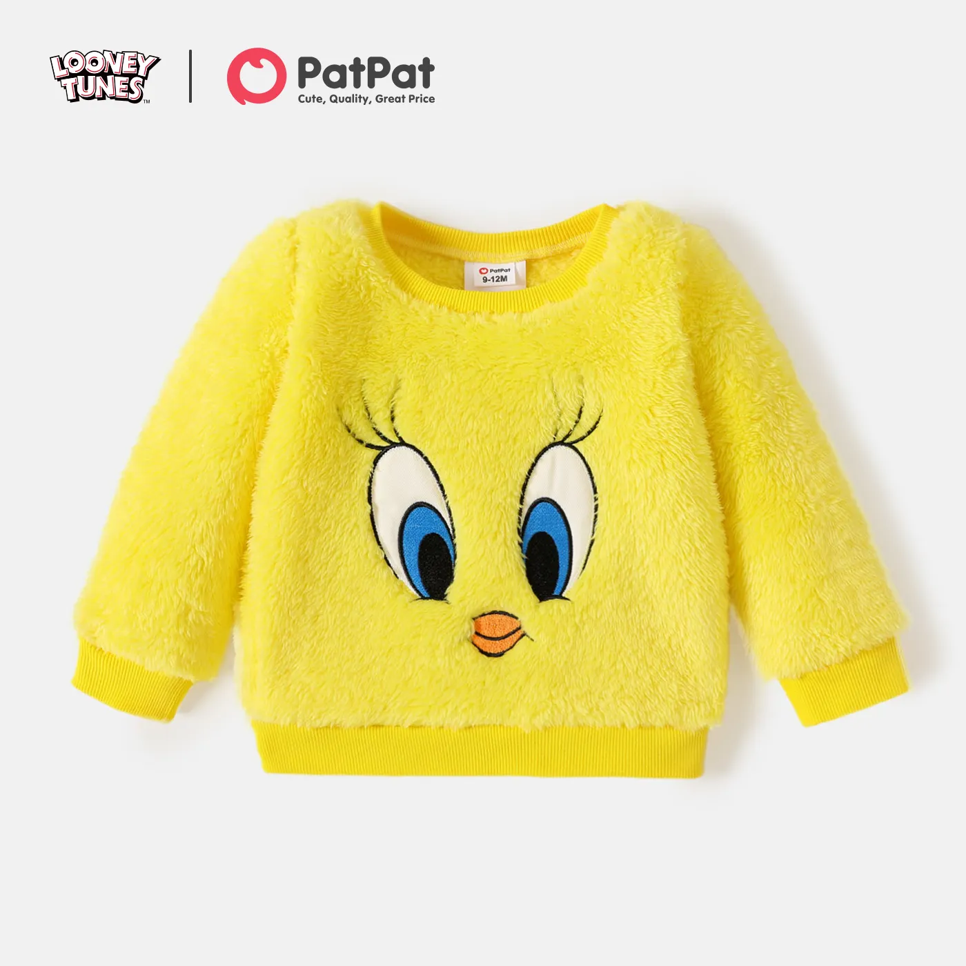 Looney Tunes Baby Boy/Girl Cartoon Animal Embroidered Long-sleeve Thermal Fuzzy Pullover Yellow big image 1