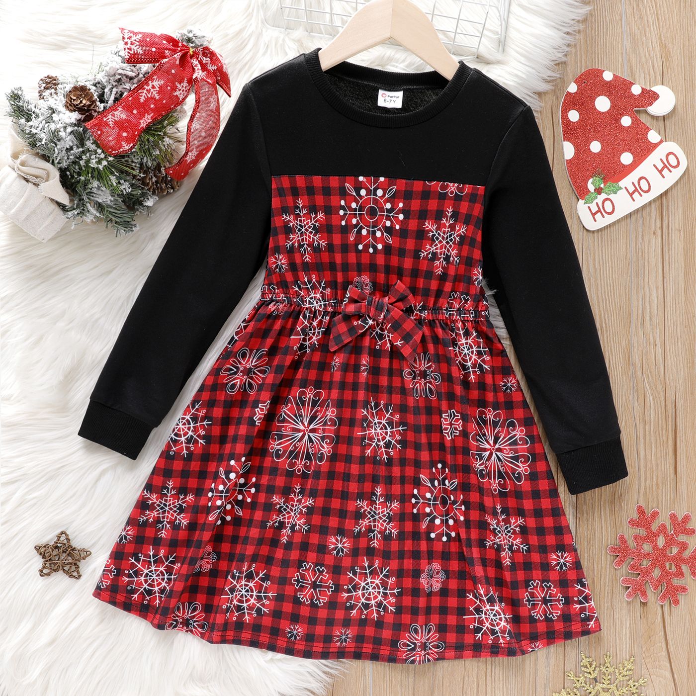 

Kid Girl Christmas Graphic 3D Bowknot Design Splice Long-sleeve Dress